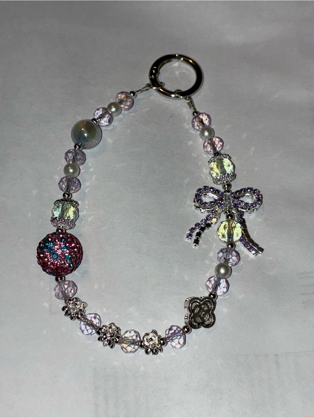 Lavender Crystal Bow Charm Bracelet Keychain